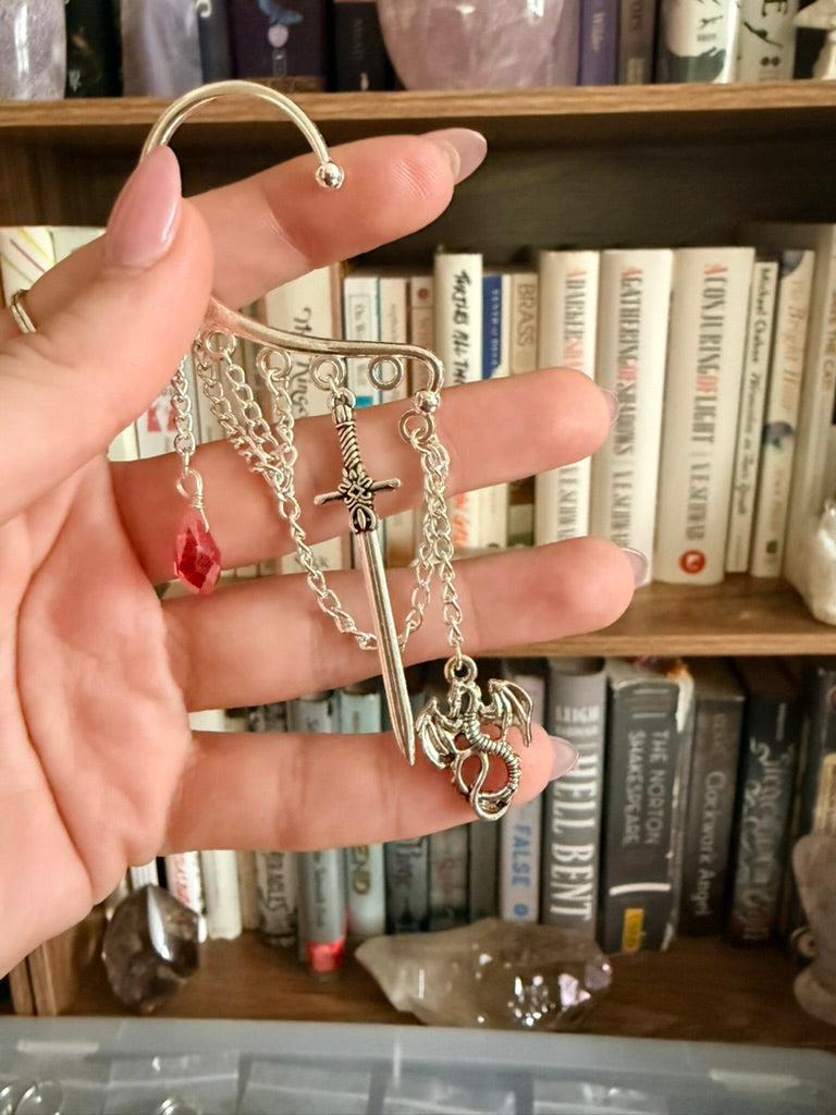Silver + Red Dragonslayer Ear Cuffs