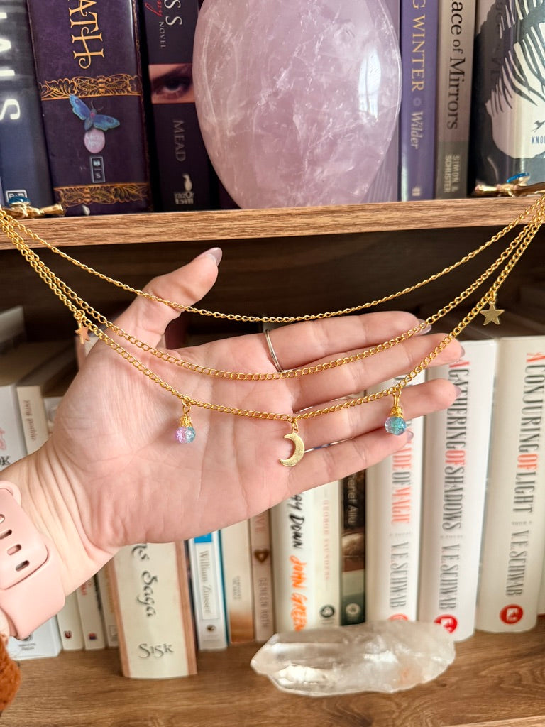 Gold + Teal Moon + Star Double Hair Swords