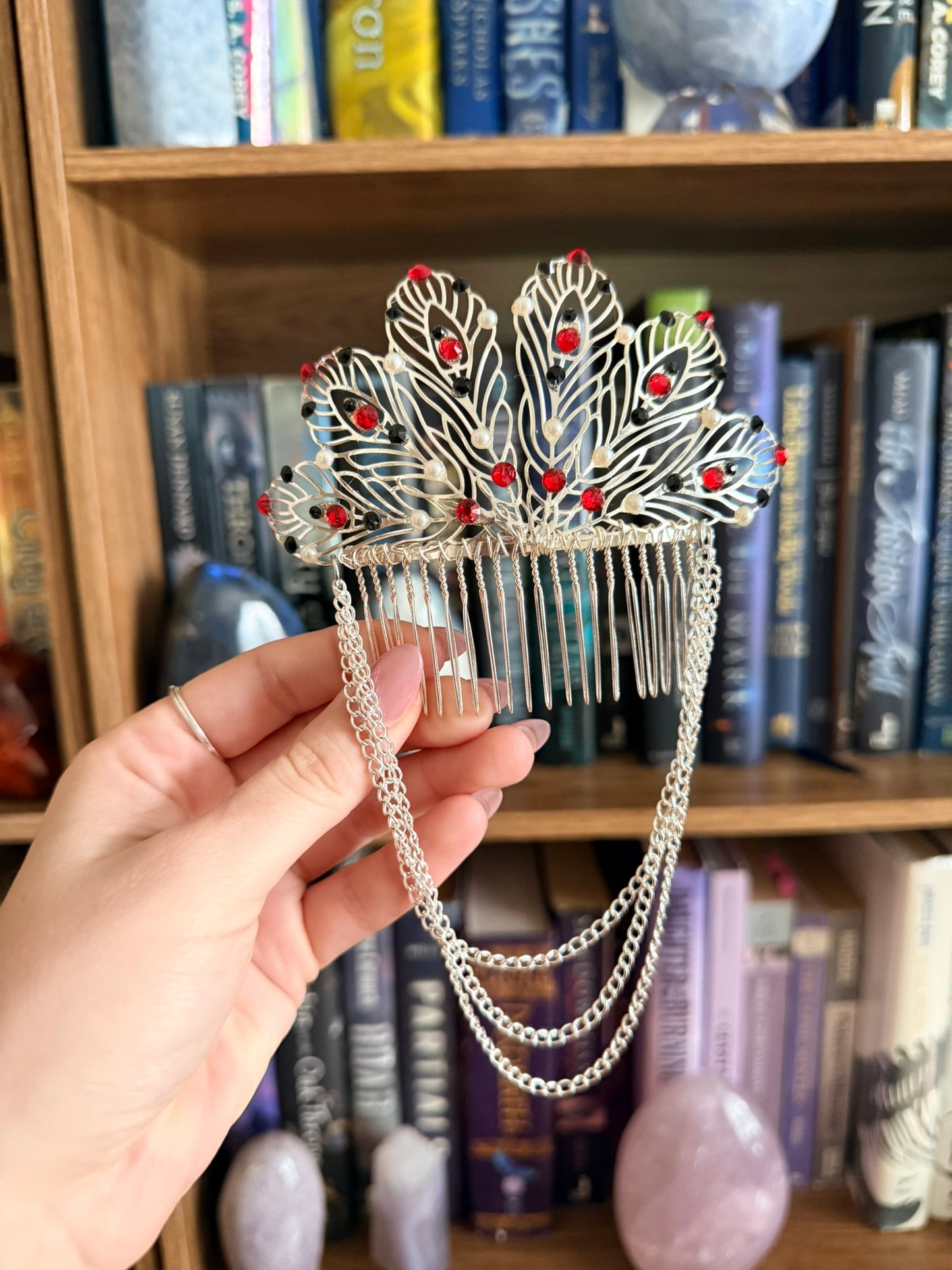 Silver + Red Feather Hair Comb