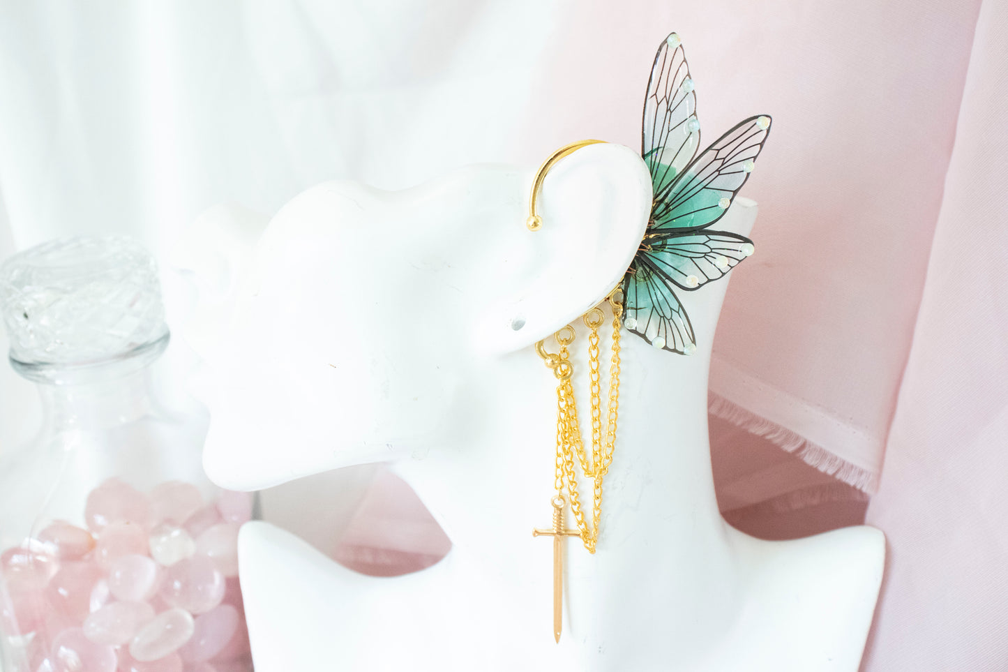 Gold + Teal Sword Fairy Wing Ear Cuffs