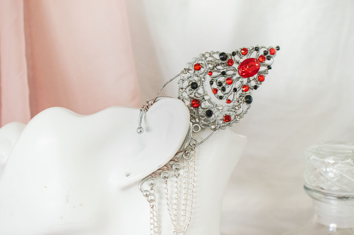 Silver + Red Short Elf Ear Cuffs