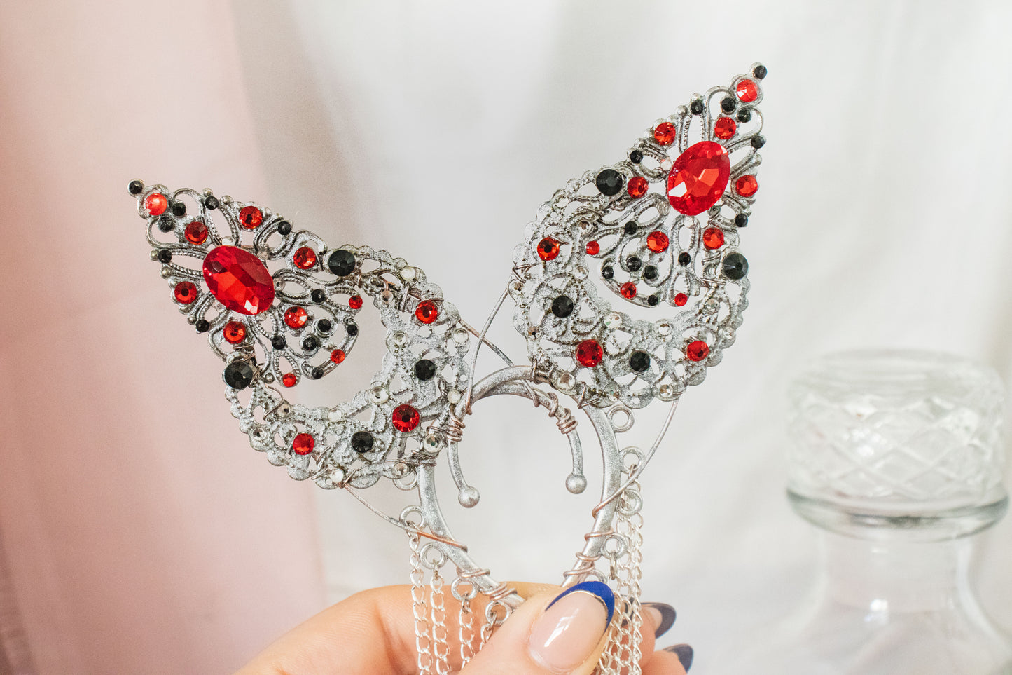 Silver + Red Short Elf Ear Cuffs