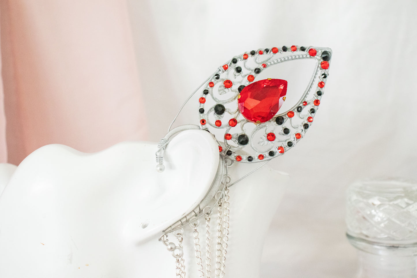 Silver + Red Short Elf Ear Cuffs