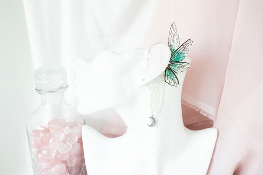 Silver + Teal Moon Fairy Wing Ear Cuffs